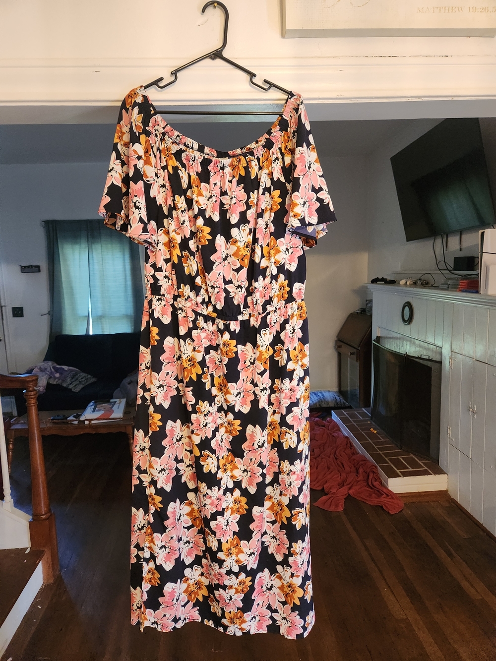 Off-Shoulder Black Midi Dress with Pink & Yellow Floral Print